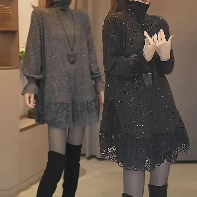韩系黑色蕾丝花边拼接亮闪闪上衣大码别致独特超好看高领打底衫