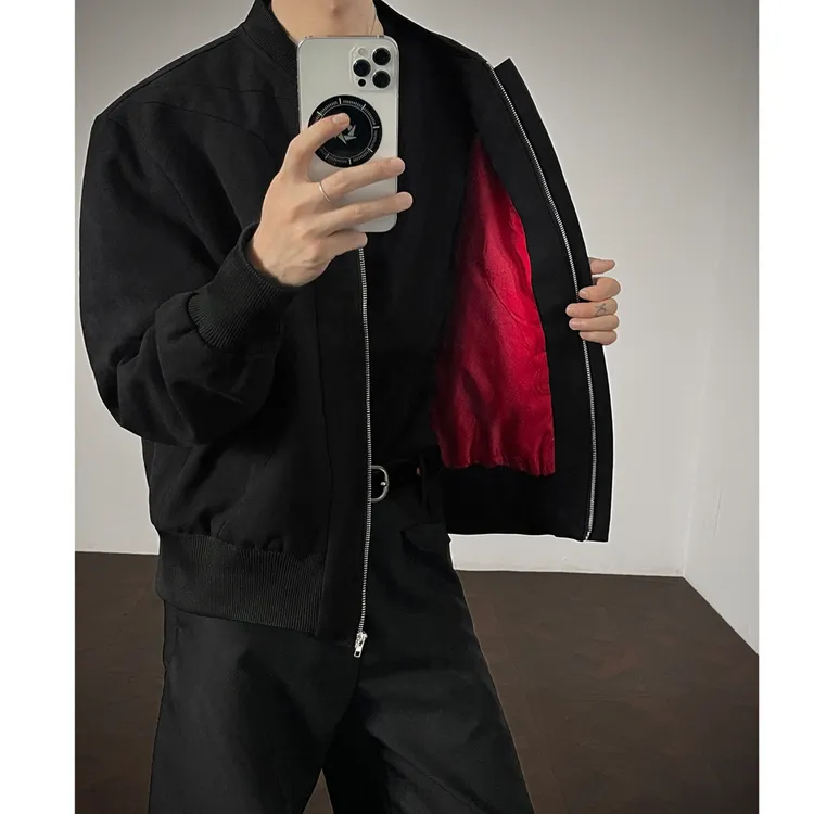 cleanfit黑色短款红内飞行夹克男款春秋季bomber棒球服硬汉穿搭