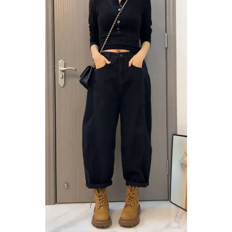 黑色半松紧腰牛仔裤女秋季新款梨形身材时尚宽松韩版阔腿哈伦裤
