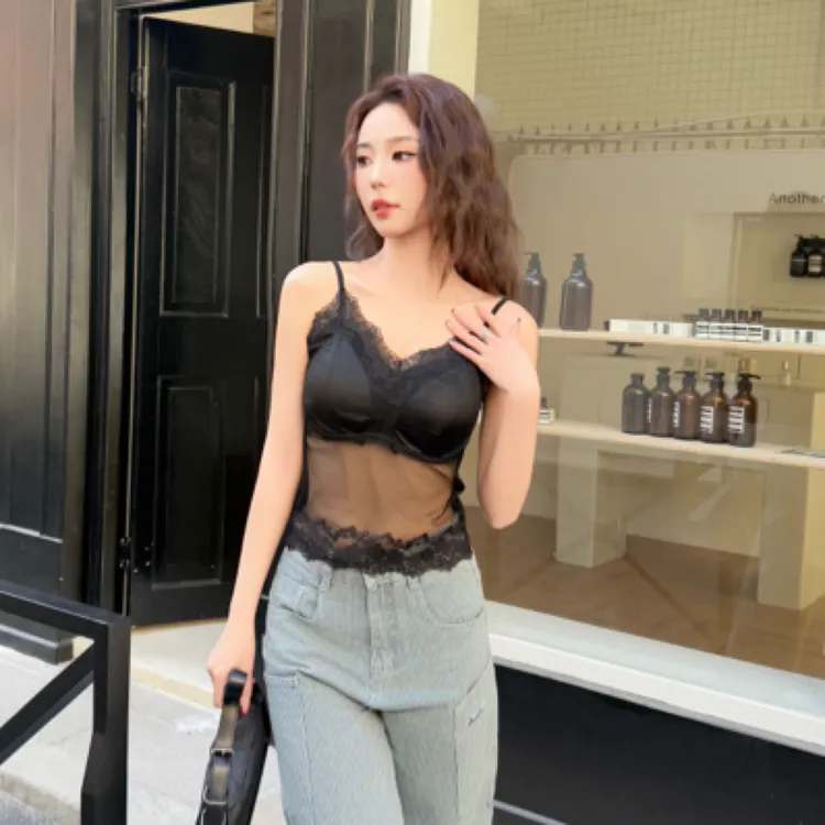 纯欲性感蕾丝透视v领吊带背心女内搭带胸垫显瘦打底美背886#