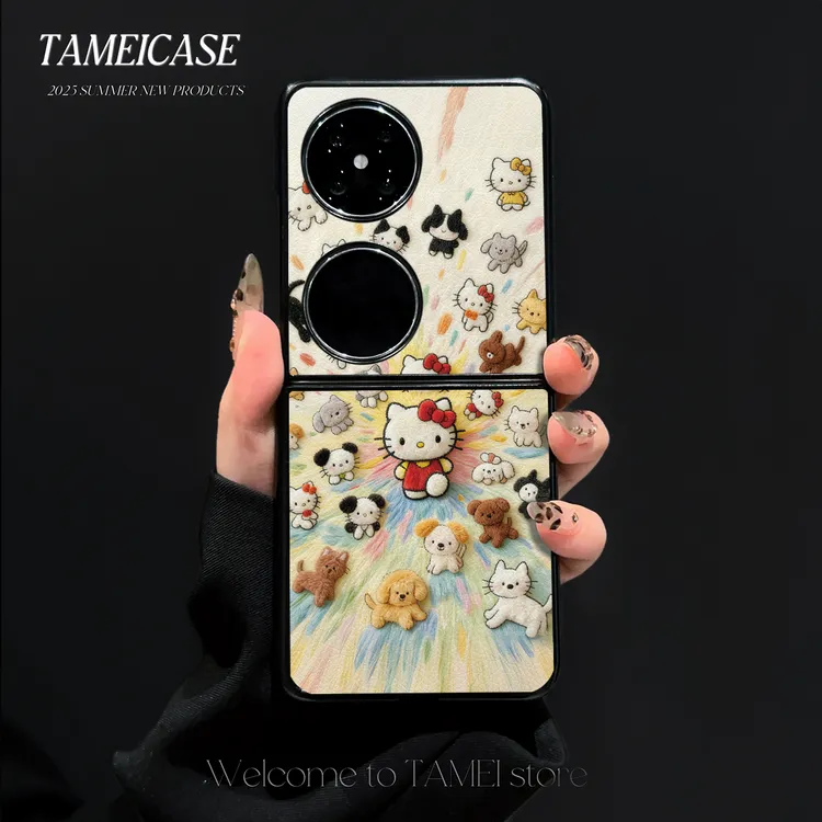 踏步小猫羊皮适用华为pocket2手机壳FINDN3FLIP折叠屏华为pockets