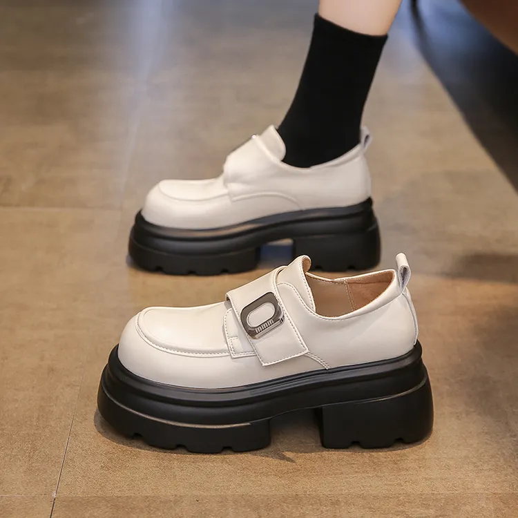 真皮厚底乐福鞋女春季2025新款小个子增高魔术贴单鞋英伦风小皮鞋