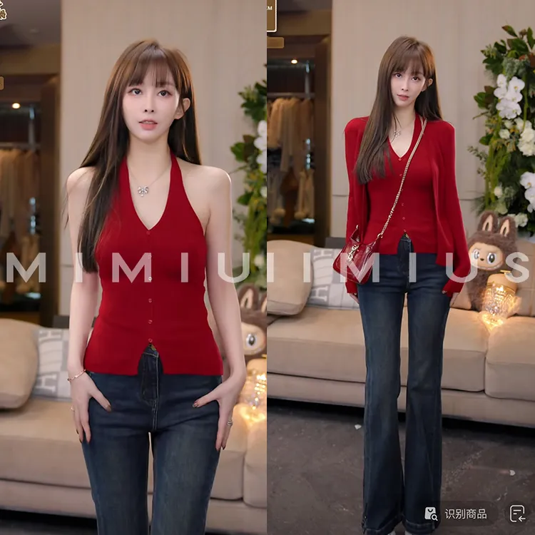 【mimius】P 法式气质高级感V领挂脖上衣+开衫 WG09105