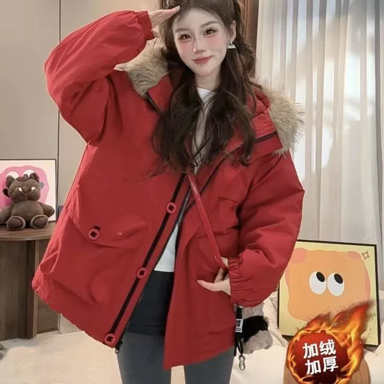 加绒加厚连帽派克服小个子毛领韩版宽松休闲外套百搭通勤棉服秋冬