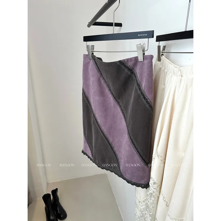 BANGON 撞色拼接半身裙复古设计感小众2025年新款气质包臀裙短款