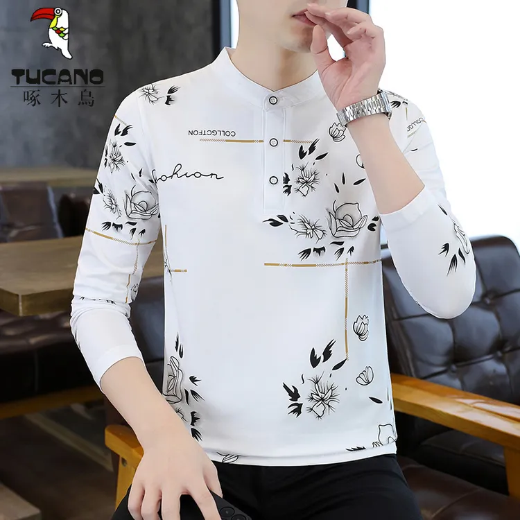 啄木鸟秋季新款男士长袖印花上衣T恤休闲时尚百搭修身内搭打底衫