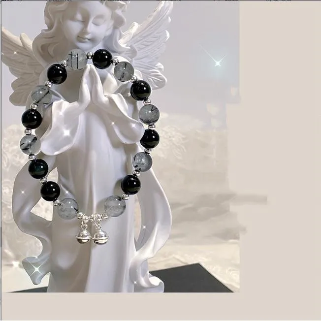 天然黑发晶手链女款简约铃铛水晶转运手串闺蜜轻奢小众水晶手串