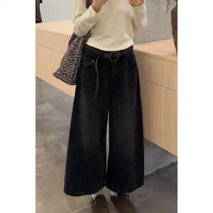 艾塔莉早秋高腰女款九分裤阔腿裤牛仔裤黑色时尚修身百搭显瘦女裤
