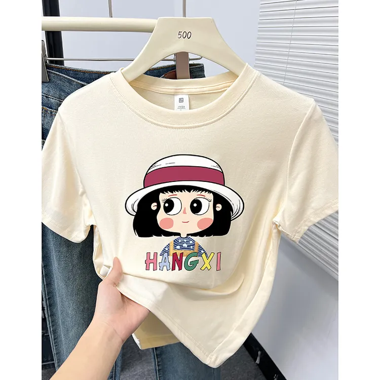 圆领卡通印花正肩短袖t恤女韩系小个子小众设计感独特休闲上衣夏