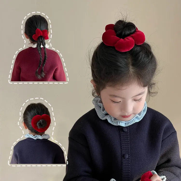 小女孩新年红爱心丸子头圈韩儿童甜美丝绒花朵套圈女童百搭大肠圈