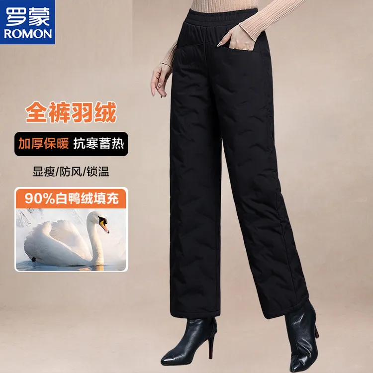 罗蒙妈妈羽绒阔腿长裤外穿2025新款中老年女冬高腰直筒宽松裤子