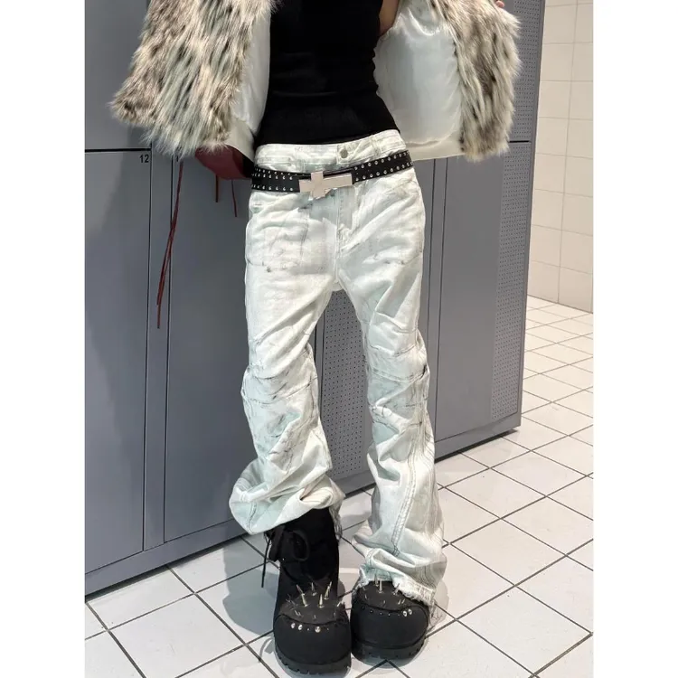 美式复古大码水洗脏染设计微喇牛仔裤女街头宽松显瘦阔腿垂感长裤