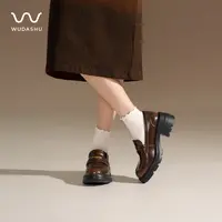 吴大叔中跟套脚单鞋乐福鞋高跟欧美风英伦风防滑宽松真皮牛皮女鞋
