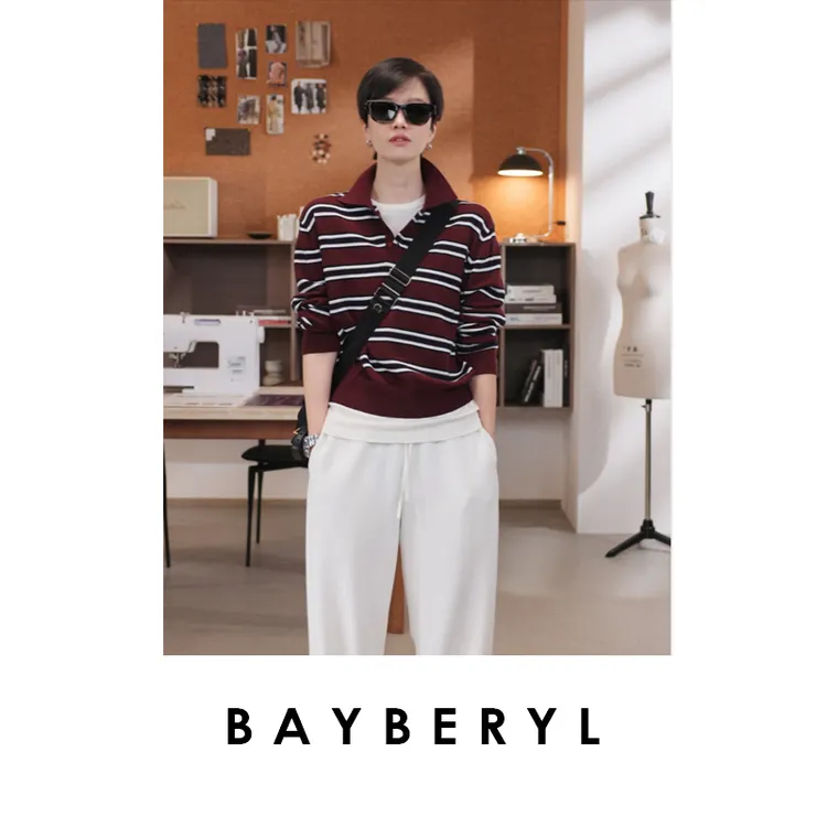 BAYBERYL老贝安可缪*Polo领条纹学院拼色秋针织衫ZZS5H1901-9/17