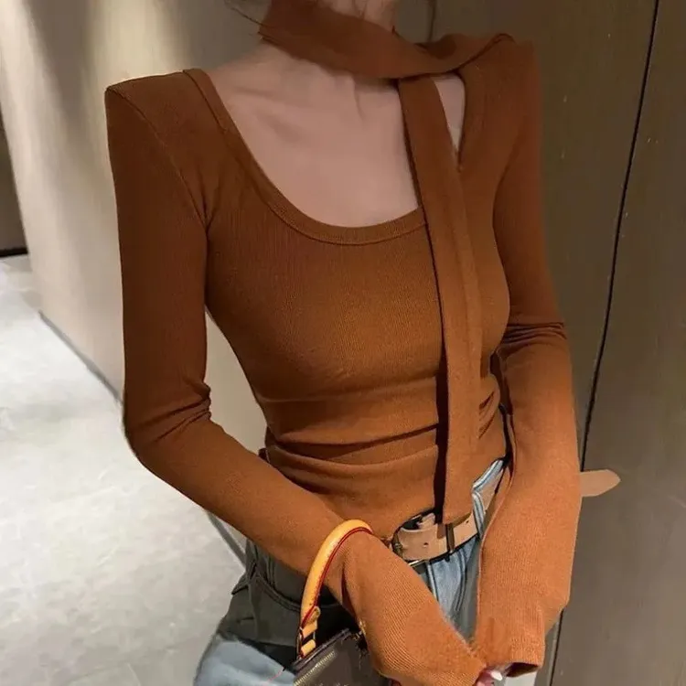 u领送飘带长袖t恤女2025秋冬新款修身内搭简约气质打底上衣女