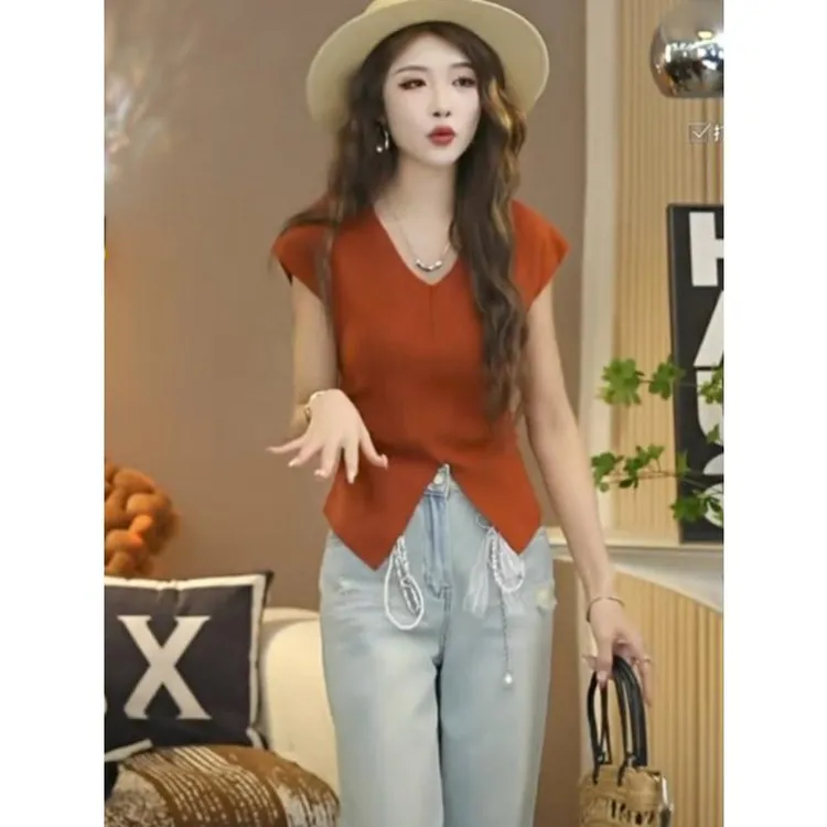 设计感小众V领褶皱开叉无袖针织衫女夏薄款修身显瘦独特别致上衣