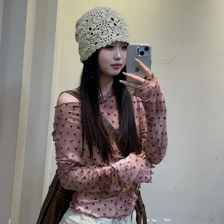 【波点网纱T】夏季新款小众设计薄款波点长袖T恤女装复古辣妹风修身