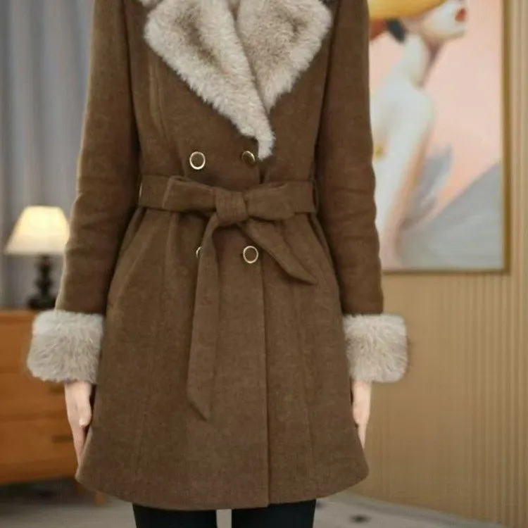2026新款棕色时髦加绒加厚显瘦修身时尚轻奢女士外收腰中长款毛呢