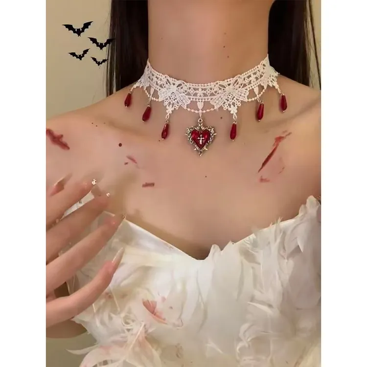 合金项链 万圣节cos鬼新娘装扮爱心十字架项链暗黑哥特风蕾丝颈链