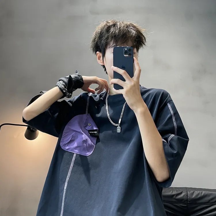 夏季百搭短袖男美式假两件宽松纯棉立体口袋工装半袖圆领休闲T恤