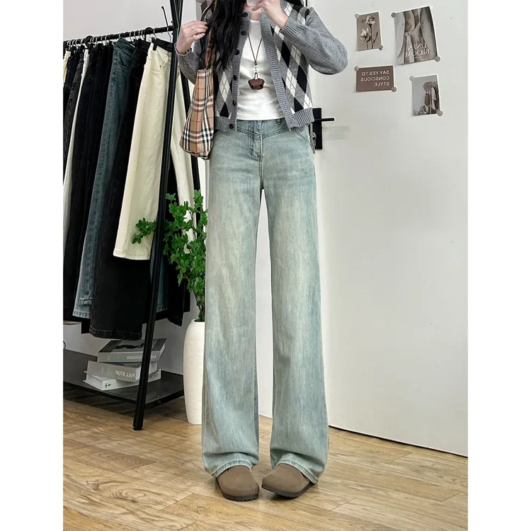 怀旧水洗窄版阔腿牛仔裤女秋冬加绒高腰显瘦宽松直筒垂感拖地长裤