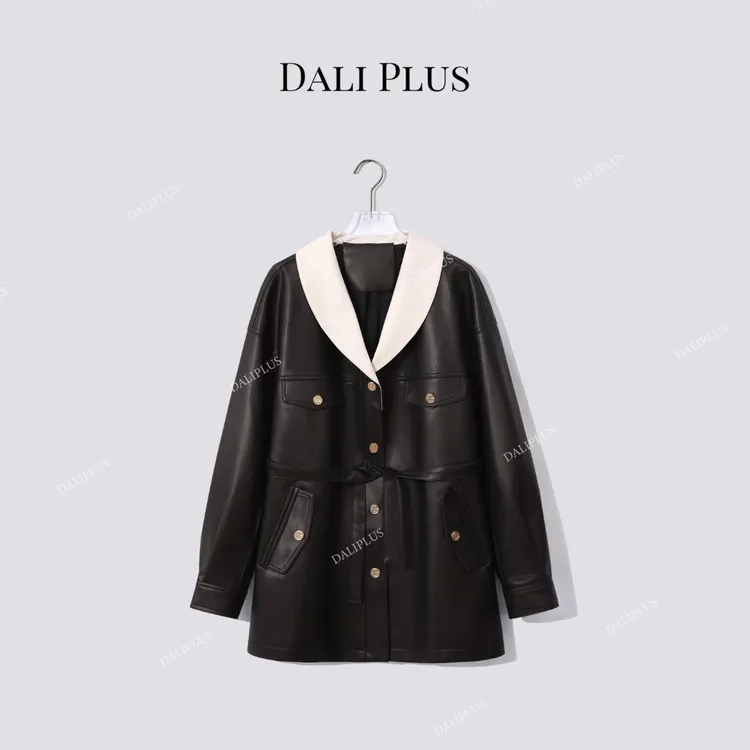 DALI PLUS“100绵羊皮真皮皮衣”单排扣系带中长款外套-D5MM2673