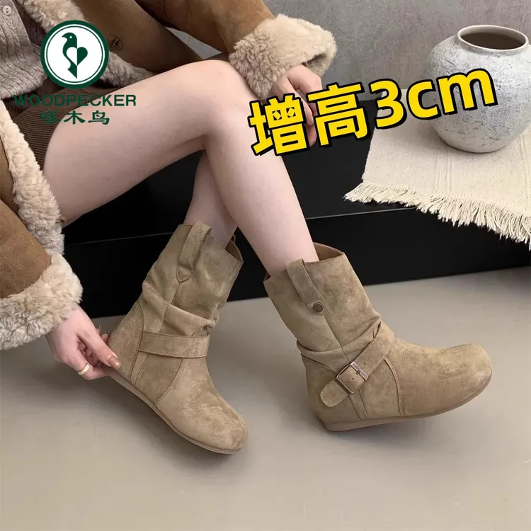 啄木鸟复古内增高短靴女2025秋冬新款丑萌堆堆厚底马丁靴勃肯靴子