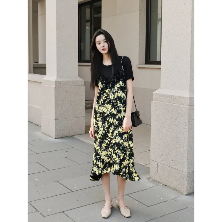 【TK】2025年夏季新款优雅大气设计感假两件碎花连衣裙HCZW651925