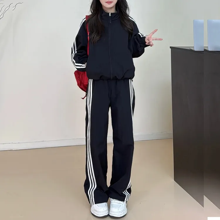 美式复古炸街运动套装女2025春秋季条纹连帽卫衣外套阔腿裤两件套