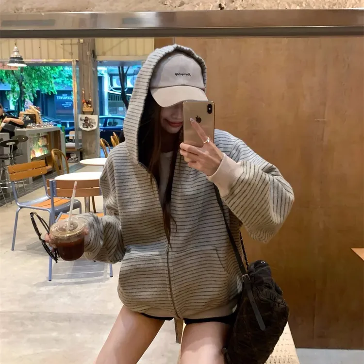 【耳朵倩专属】QIUYIDAODI早秋新款国潮美式复古条纹连帽卫衣男女宽松开衫外套