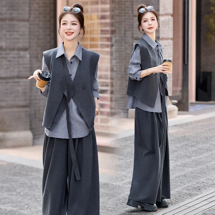 韩系设计感不规则马甲条纹衬衫长裤2025春秋款松弛感ins三件套装
