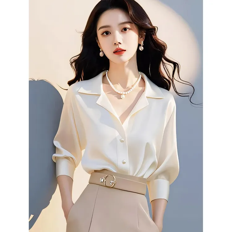 2024秋季流行款气质优雅白色翻领长袖衬衫女宽松显瘦轻熟气质上衣