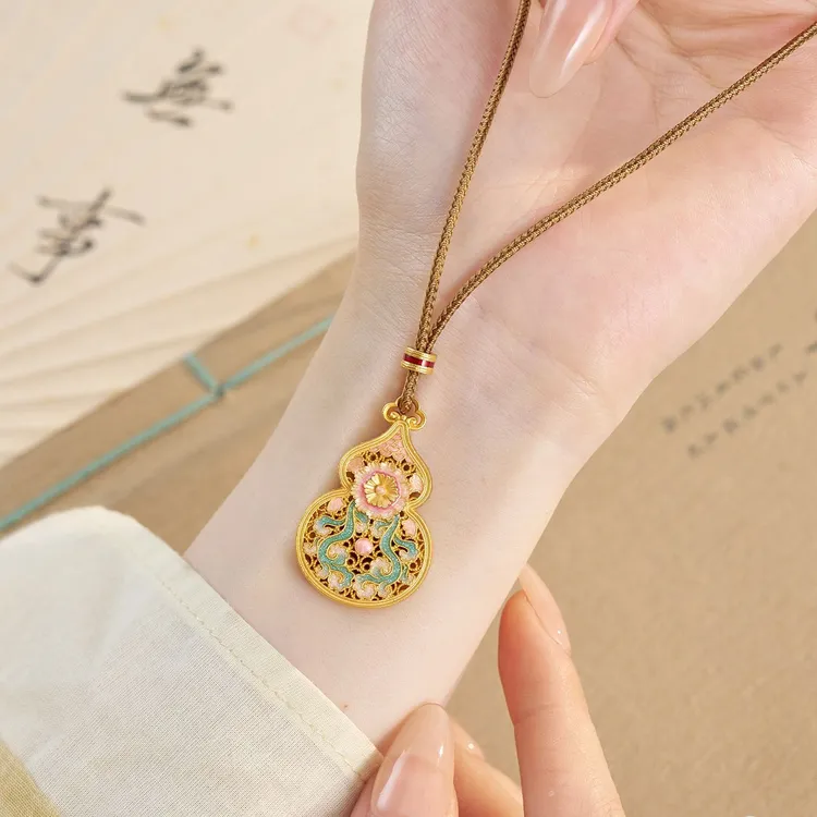 吊坠足银 新中式海棠葫芦描金吊坠国风高级感精致银饰挂件项链商品图