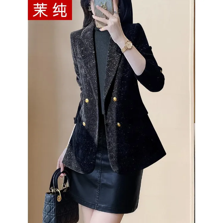西装外套女黑色丝绒气质高端精致职业装气质女神范职场小西服上衣