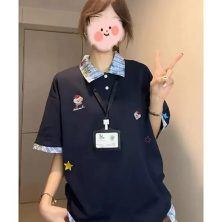 美式刺绣小狗格子polo领短袖t恤女夏季宽松学院风假两件半袖上衣