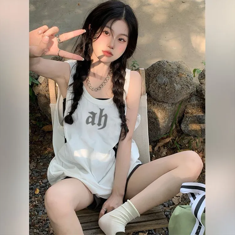纯棉美式印花t恤女宽松大码无袖背心外穿中长款辣妹坎肩运动上衣