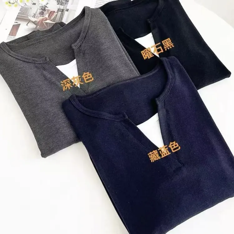 9751拼色长袖休闲常规扎染半开领V领T恤保暖女士时尚韩版打底百搭