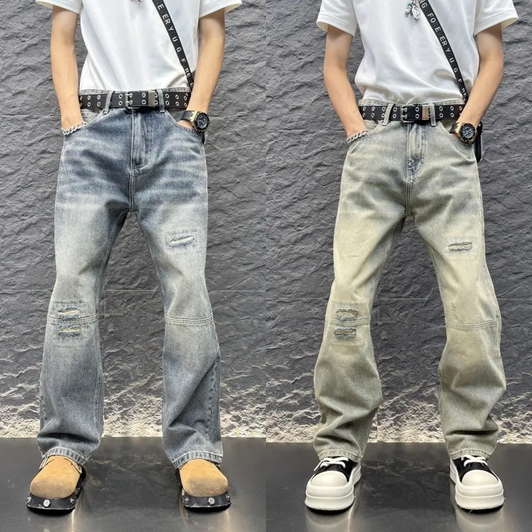 修身加绒爆款复古美式秋冬直筒宽松牛仔裤新款破洞感裤子裤男款