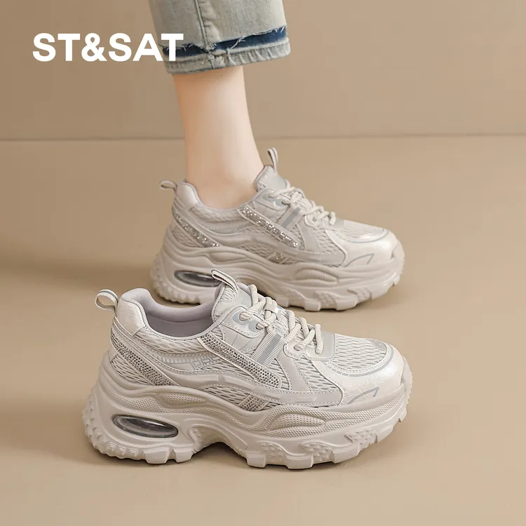 星期六厚底老爹鞋女款2025秋季爆款网面运动透气休闲鞋增高水钻
