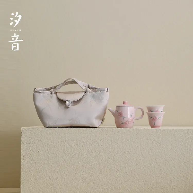 汐音手绘粉色玫瑰旅行装一壶两杯直升壶功夫茶具茶杯户外便携精致