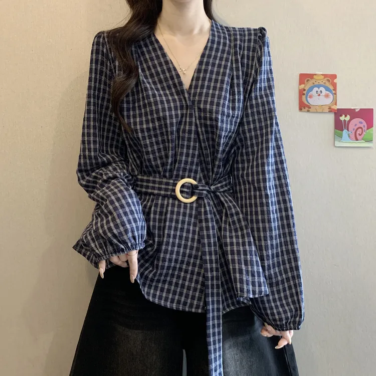 深蓝色格子长袖衬衫女秋装2025新款大码胖mm高级收腰绑带遮肚上衣