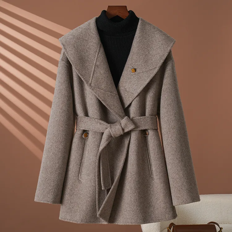 沙棕色双面羊绒大衣女中长款2025新款宽松时尚气质保暖羊毛呢外套