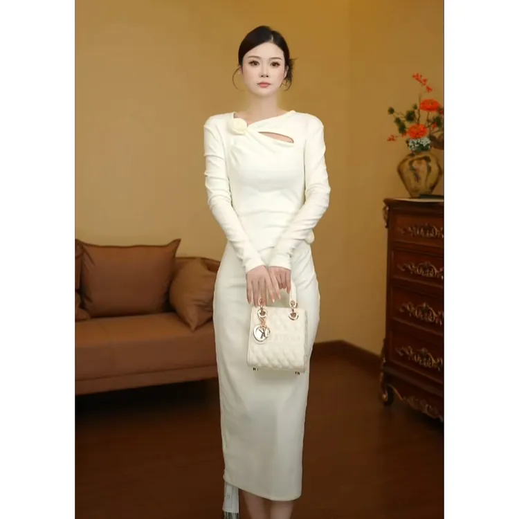 【利姐专属】【无拉链】玫瑰花修身气质女人味秋冬季连衣裙D4030