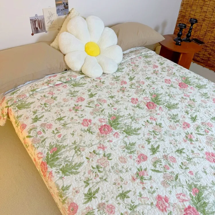 清爽小碎花纯棉床盖榻榻米夹棉绗缝床上用品绗缝被双面大床印花