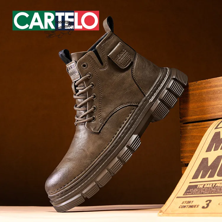 卡帝乐鳄鱼男鞋秋季马丁靴男款皮面防水百搭工装短靴休闲高帮皮鞋