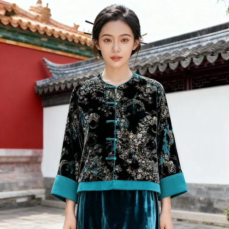新中式高定复古拼接上衣2025秋季新款国风重工亮片刺绣外套