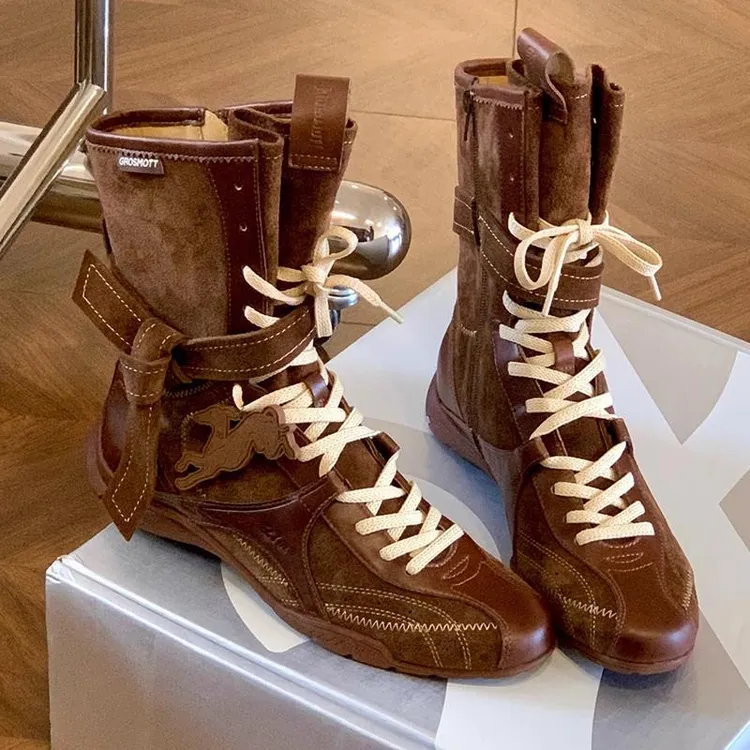 内增高平底拳击靴女2025春夏新款复古磨砂皮系带马丁靴户外运动靴