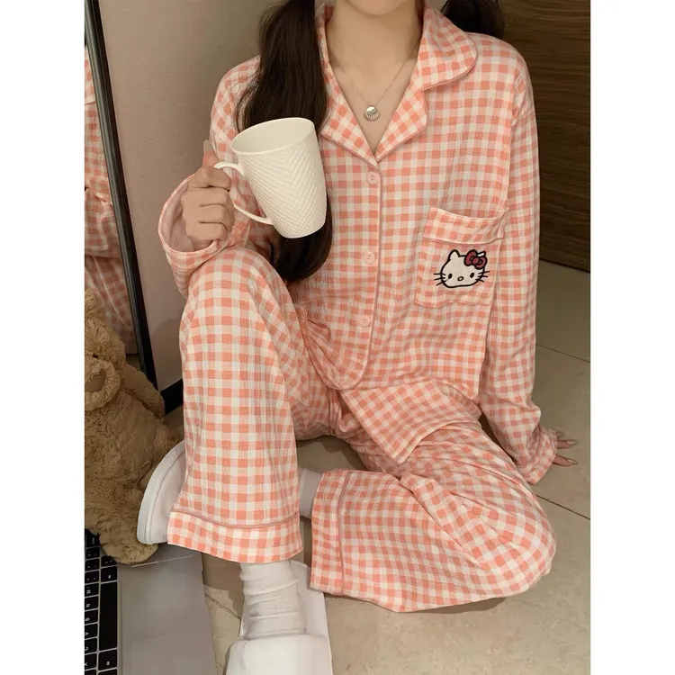 【婷婷家】小个子秋季粉色格子睡衣套装#99917