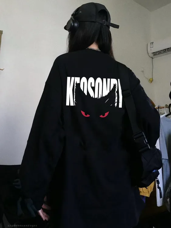 美式高街黑色纯棉长袖T恤女秋季印花新款设计感小众宽松早秋上衣