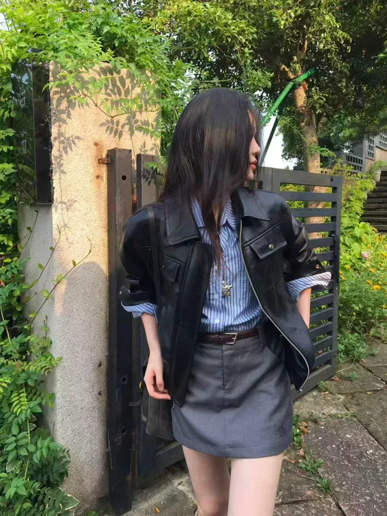 复古风短款皮衣小个子春秋女百搭显瘦韩版方领夹克水洗皮机车外套